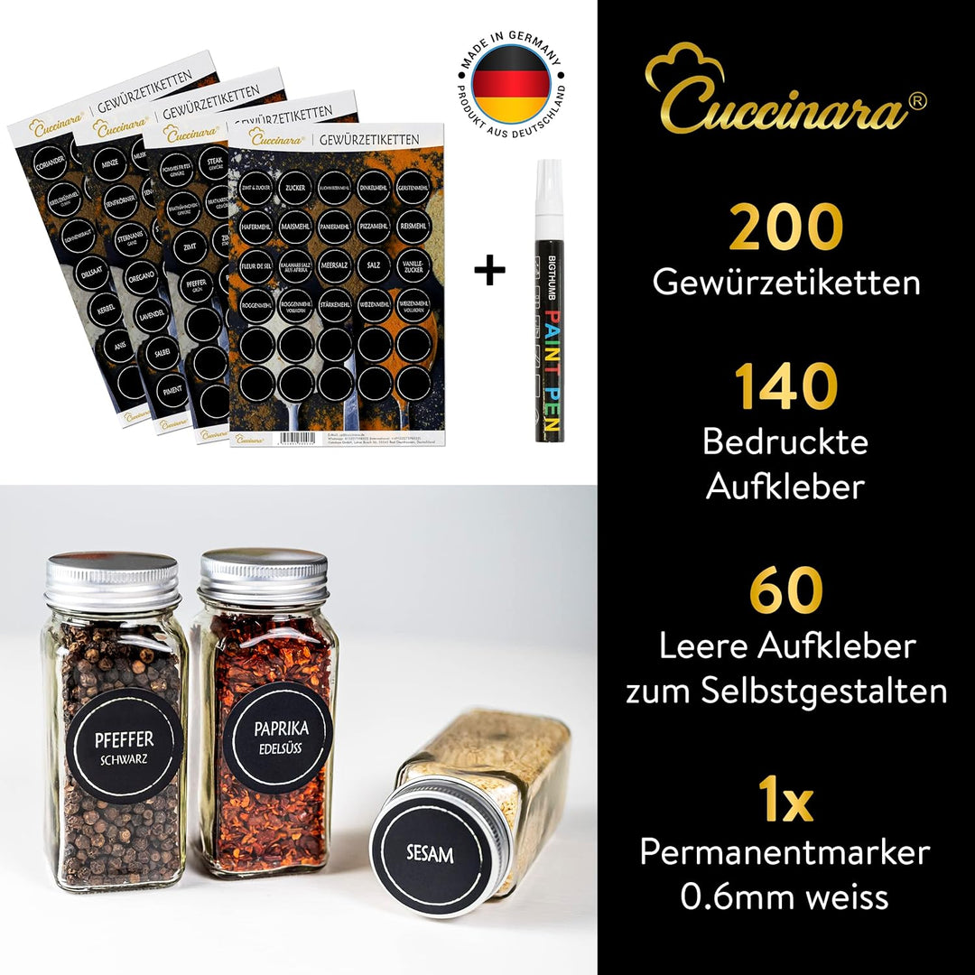 Cuccinara® Gewürzgläser Set [Eckig - 24 Stk. I 120ml - 10,5cm x 4,3cm] mit Gewürzetiketten, Streuein