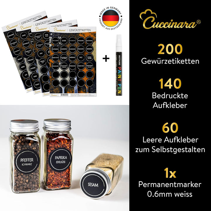 Cuccinara® Gewürzgläser Set [Eckig - 24 Stk. I 120ml - 10,5cm x 4,3cm] mit Gewürzetiketten, Streuein
