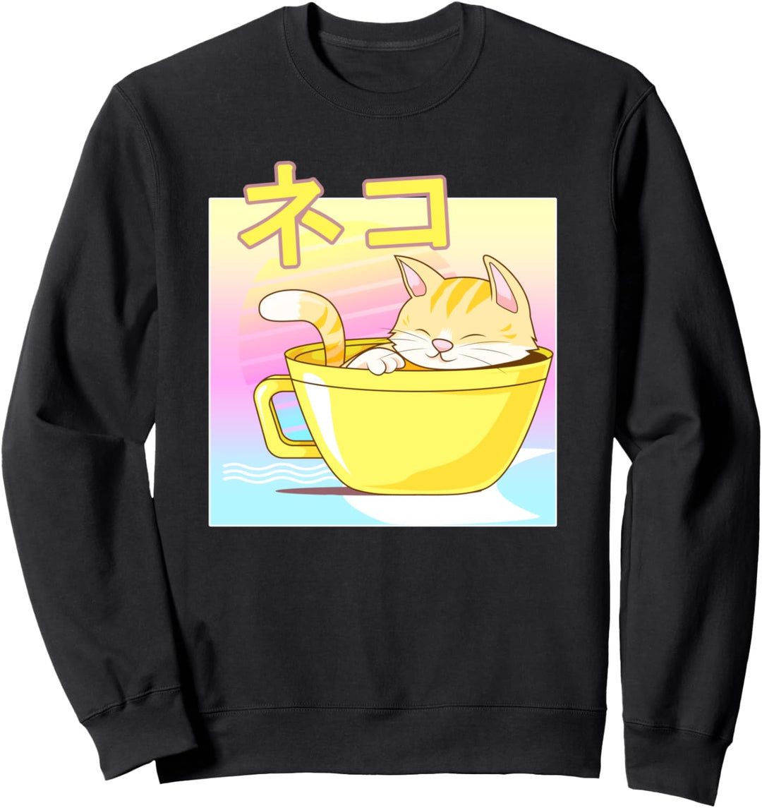 Japanische Katze in Tasse, Kawaii-Design, 80er / 90er Jahre Sweatshirt