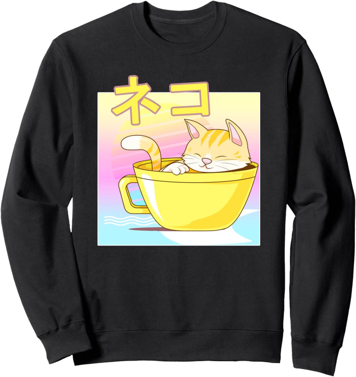 Japanische Katze in Tasse, Kawaii-Design, 80er / 90er Jahre Sweatshirt