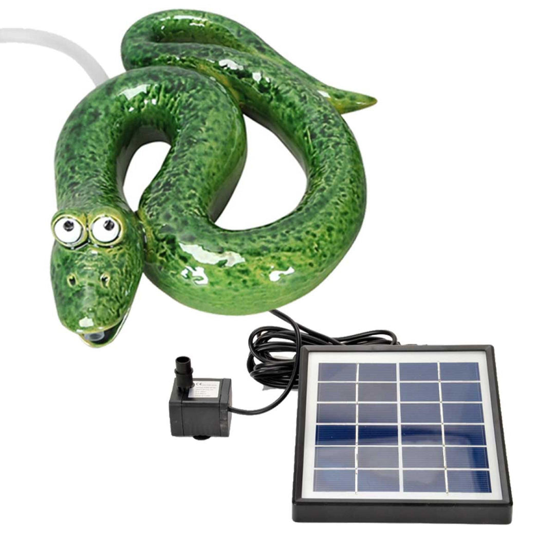 Storm's Gartenzaubereien Wasserspeier Schlange - grün aus Keramik mit Solarpumpe für Teich und Minit