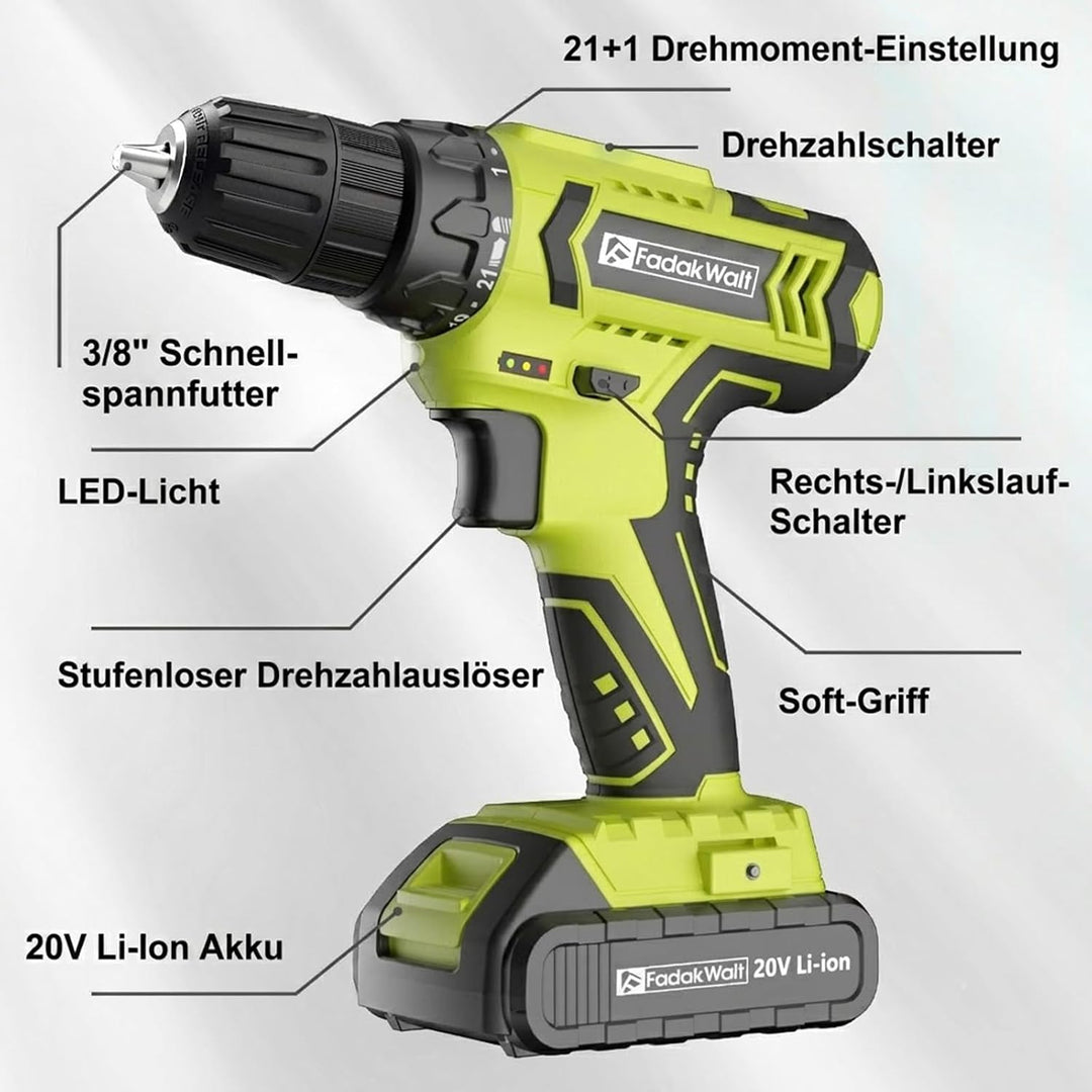 FADAWALT Akkuschrauber Set, 20V Akku Bohrschrauber Set mit 2 Akkus mit je 1300mAh, 21+1 Drehmomentst