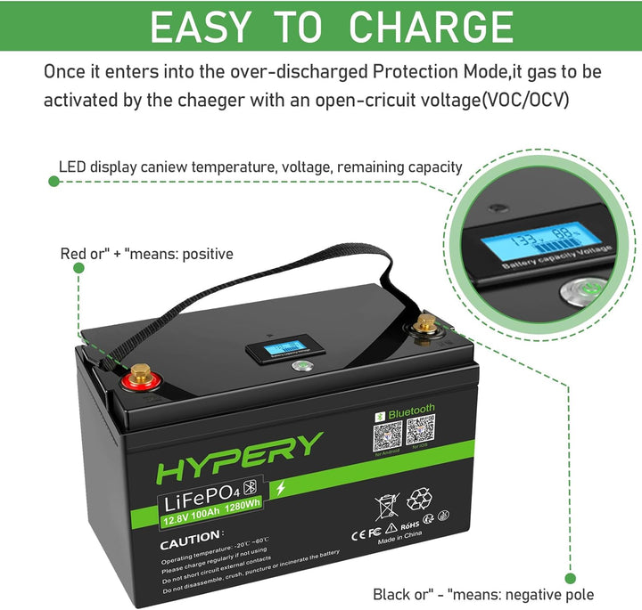Smart 12V 100Ah LiFePO4 Batterie mit Bluetooth, LED-Display, Startschalter und BMS, perfekte Lithium