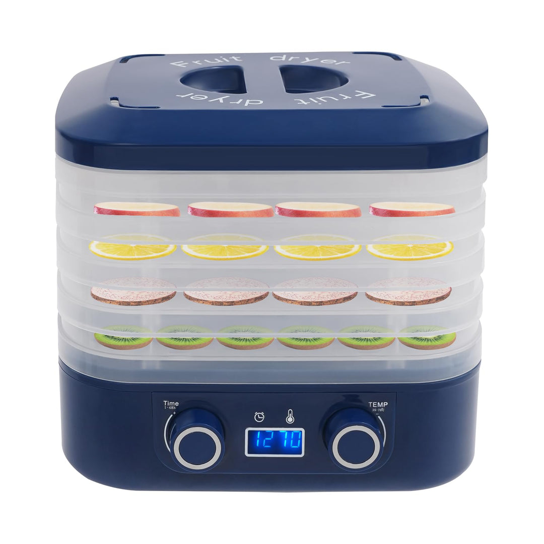 Dörrautomat mit 5 Tabletts, Dörrgerät 35-70°C &amp; 48h Timer, LED-Display, 360° Heissluft – Obsttrockne