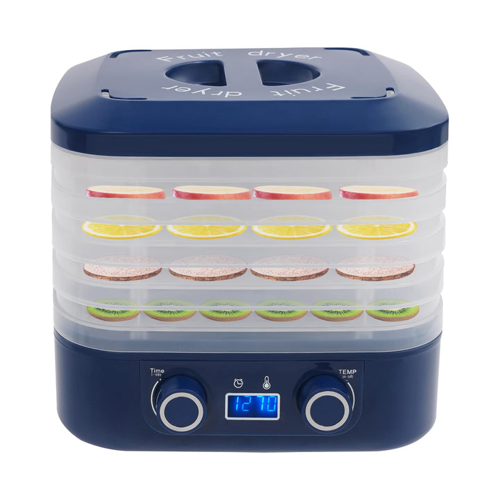 Dörrautomat mit 5 Tabletts, Dörrgerät 35-70°C &amp; 48h Timer, LED-Display, 360° Heissluft – Obsttrockne