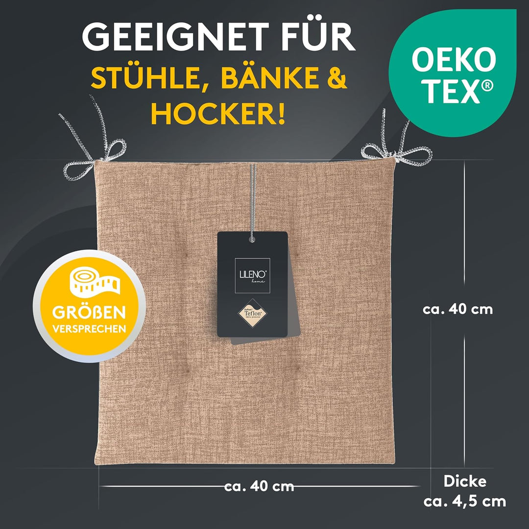 LILENO HOME 2er Set Stuhlkissen Hellbraun (40x40x4,5 cm) - Sitzkissen für Gartenstuhl, Küche oder Es