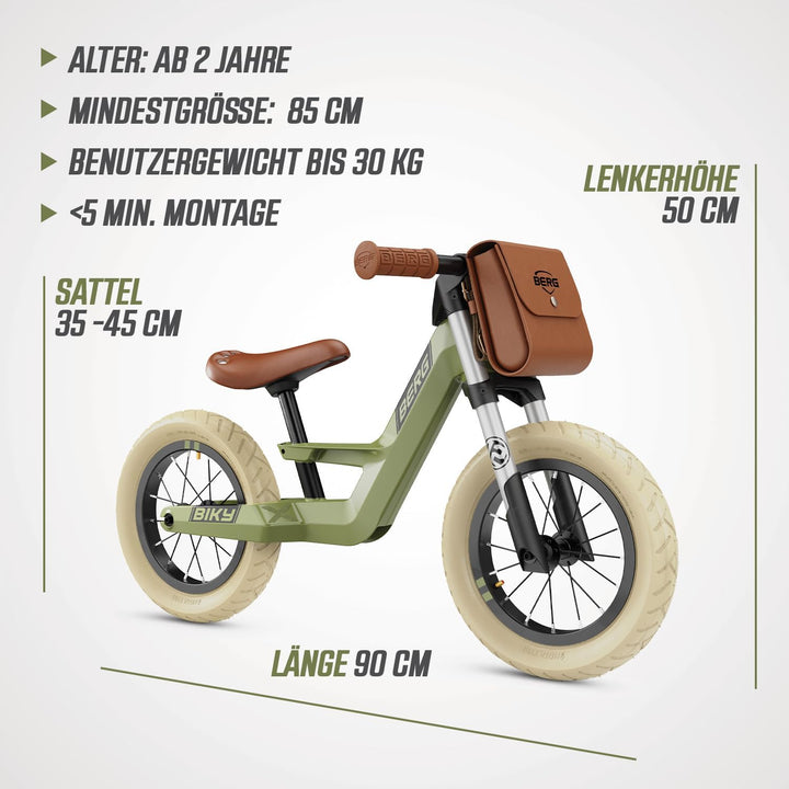 BERG Biky Retro Green Laufrad, 12'' Kinderfahrrad, Für Kinder von 2 bis 5 Jahre, Retro Grün, Green