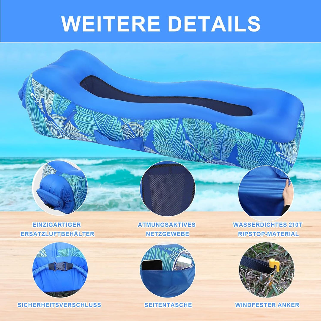 Aufblasbares Sofa (70 x 190 cm) mit Sonnenschutz | Luftliegestuhl, Outdoor-Luftkissen, Luftsitzsack,