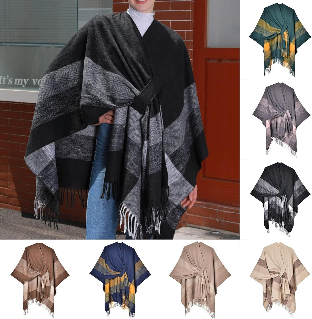 Wahuan Eleganter Bequemer Damen Poncho Pullover mit Chevronstreifen und Fransen Poncho Cape Retro Ca