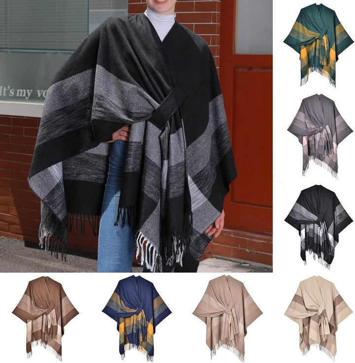 Wahuan Eleganter Bequemer Damen Poncho Pullover mit Chevronstreifen und Fransen Poncho Cape Retro Ca