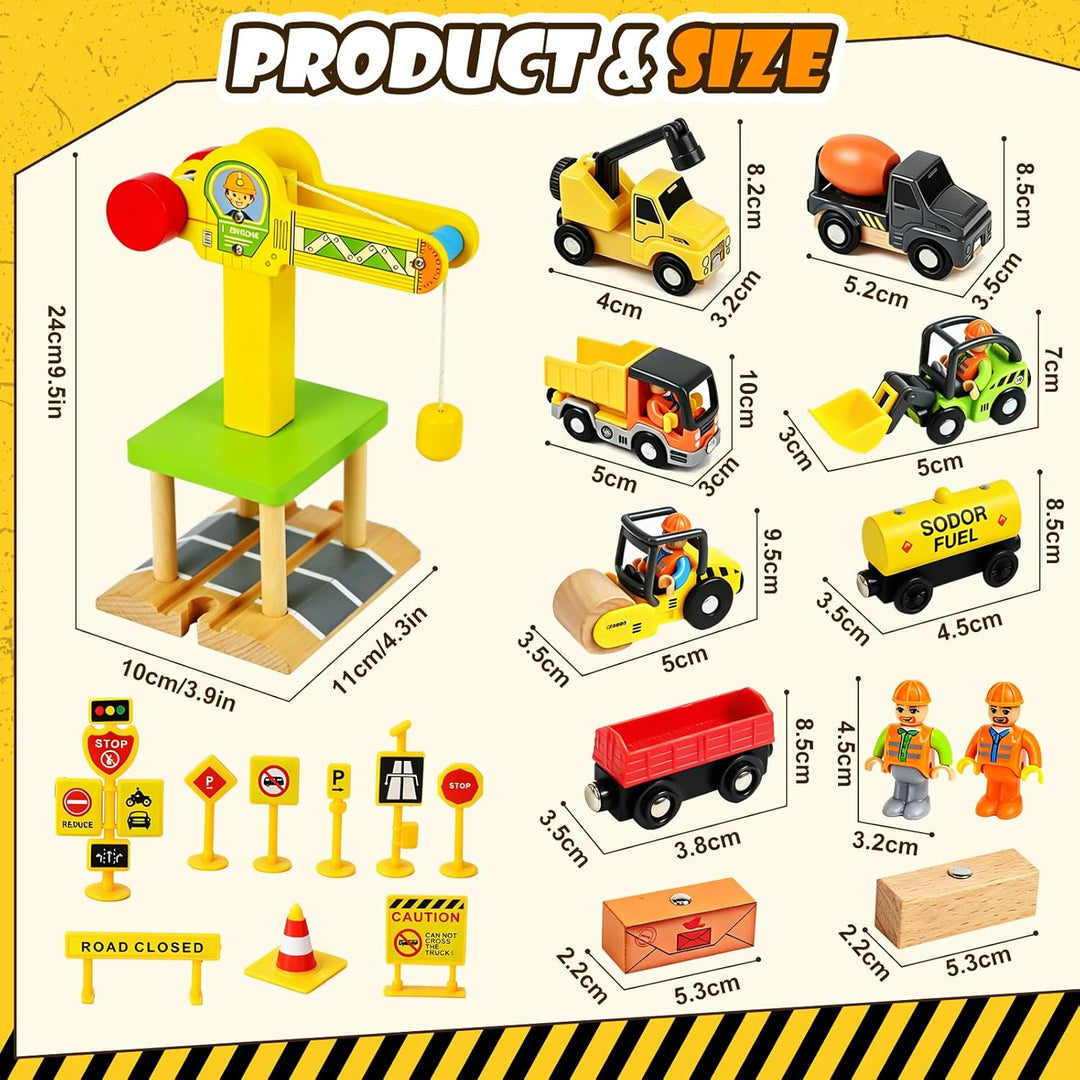 Baufahrzeuge Kinder Holzspielzeug, Magnetisch Baustelle Kran Spielzeug mit Turmkran Bagger Kranwagen