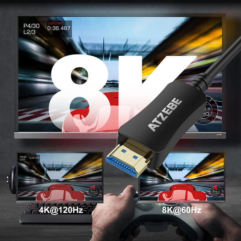 ATZEBE HDMI Glasfaserkabel HDMI 2.1 Kabel 15meter 48Gbps High-Speed Kabel of 8K@60Hz 4K@120Hz Suppor