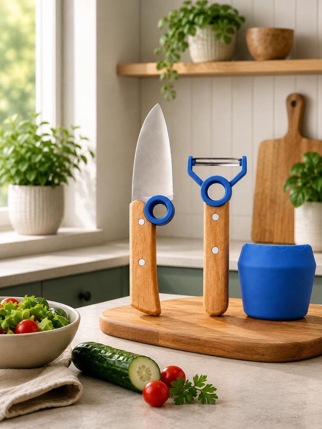 Kinder Kochmesser Set - 3 teilig - Kochmesser - Fingerschutz - Sparschäler - rostfrei Blau, Blau