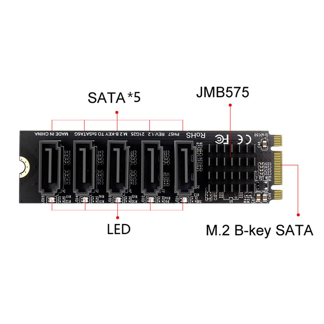cablecc NGFF Key B+M auf SATA 3.0 6Gbps 5 Ports Adapter Konverter Port JMB575 2280 B+M-Key to 4SATA,