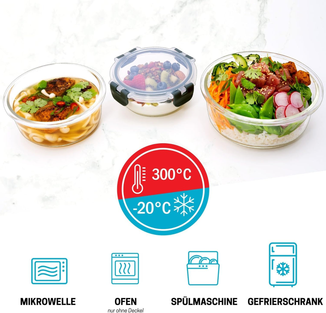 Igluu Meal Prep Container aus Glas – 3er Set Runde Glasbehälter in Verschiedenen Grössen –Lunch Box