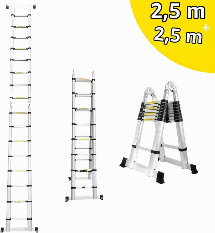Eulenke 5M (2,5+2,5M) Teleskopleiter - Rutschfester Multifunktionsleiter 150 kg Belastbarkeit - Alul