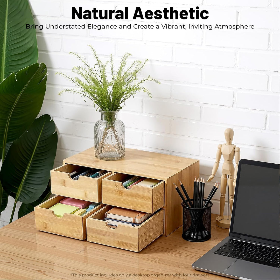 Bambus Schreibtisch Organizer mit 4 Schubladen, Minimalistischer Desktop Aufbewahrungsbox für Kosmet