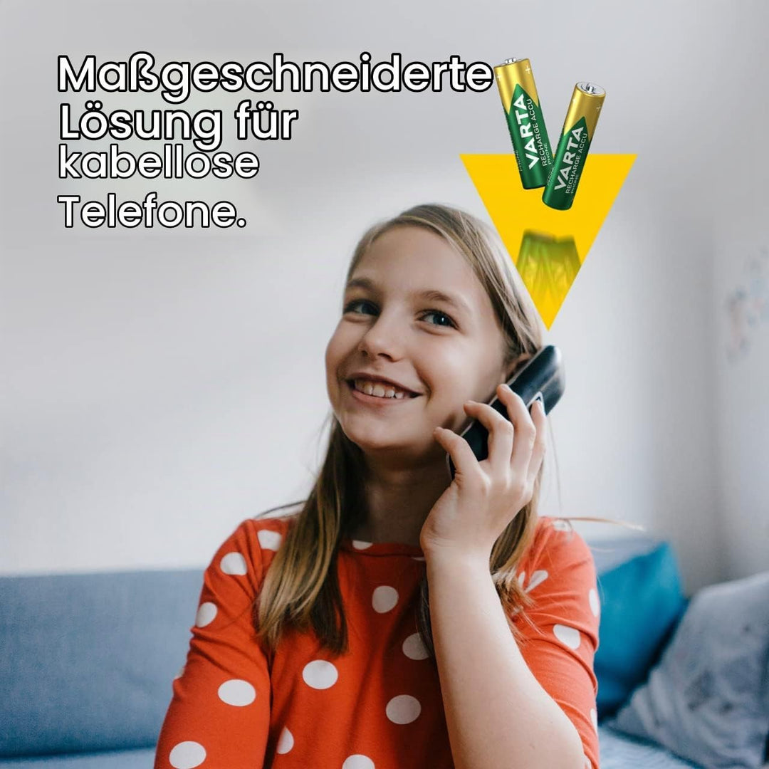 VARTA Batterien AAA, wiederaufladbar, 4 Stück, Recharge Accu Phone, Akku, 800 mAh NI-MH, sofort eins