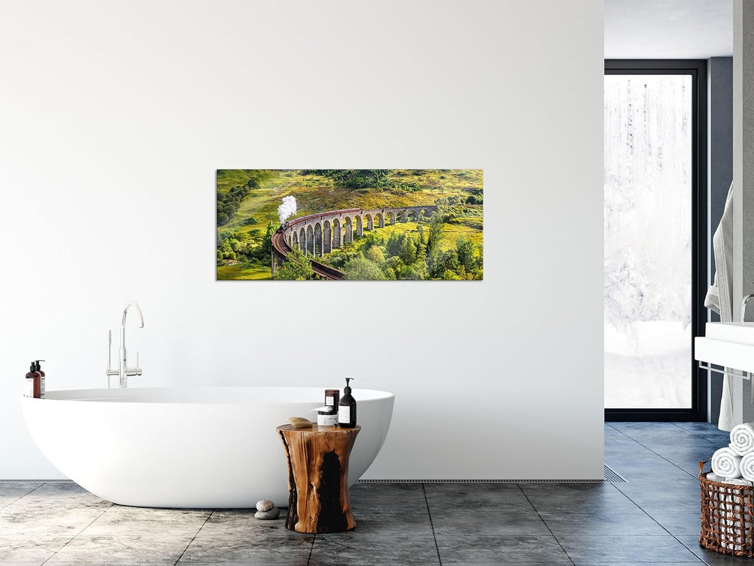 Glasbild Panorama | Wandbild aus Echtglas | Eisenbahnviadukt in Schottland | 100x40 cm | inkl. Aufhä