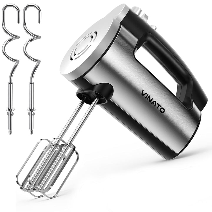 VINATO Elektrischer Handmixer, 300W mit 6 Stufen, 2 Edelstahl-Rührbesen & Knethaken | Für Teig, Eier