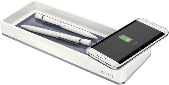 Leitz Stifteschale mit Qi-Induktionsladegerät, Zum kabellosen Laden von Smartphone, Weiss/Grau, Duo