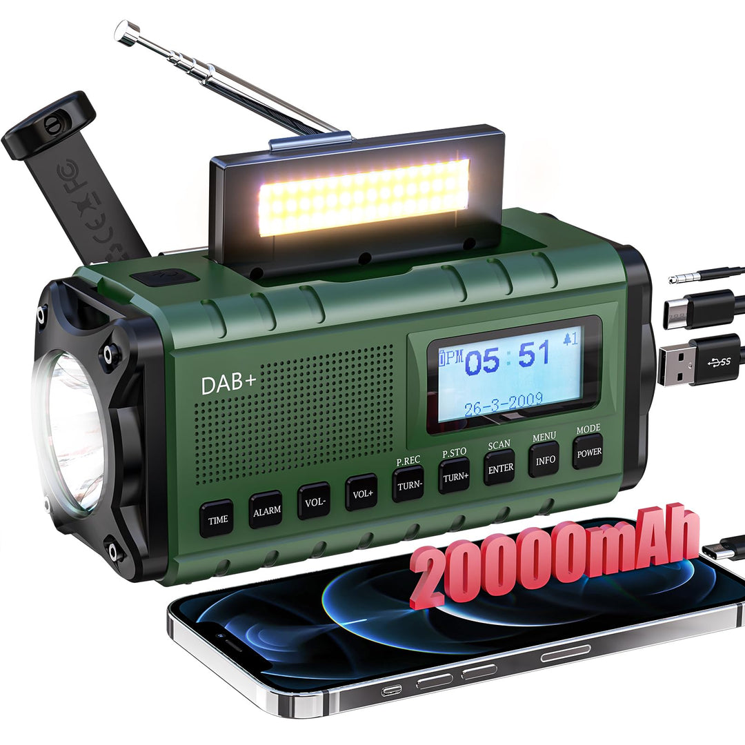 SOLARBABY DAB+/UKW Kurbelradio, Solar Notfallradio mit 20000mAh Akku, Tragbare Digital Radio mit LED