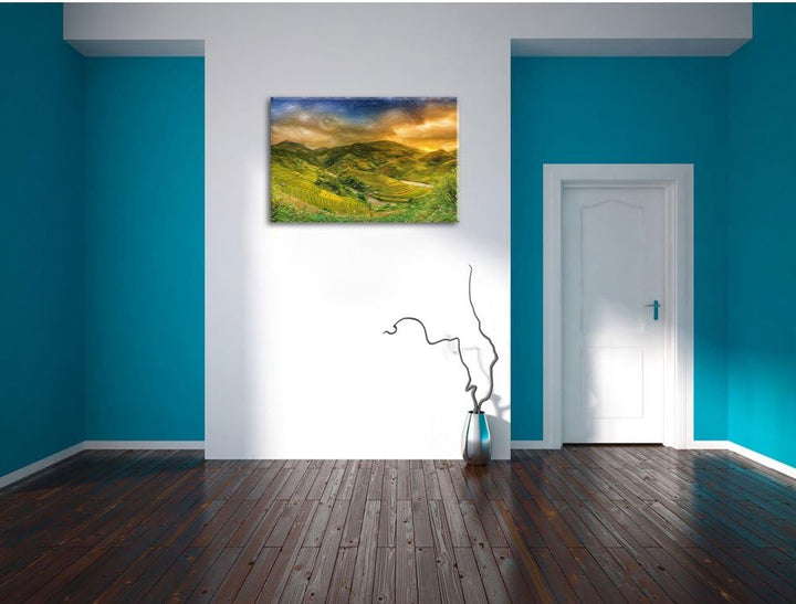 Pixxprint Berg Farm in Asien / 100x70cm Leinwandbild bespannt auf Holzrahmen/Wandbild Kunstdruck Dek