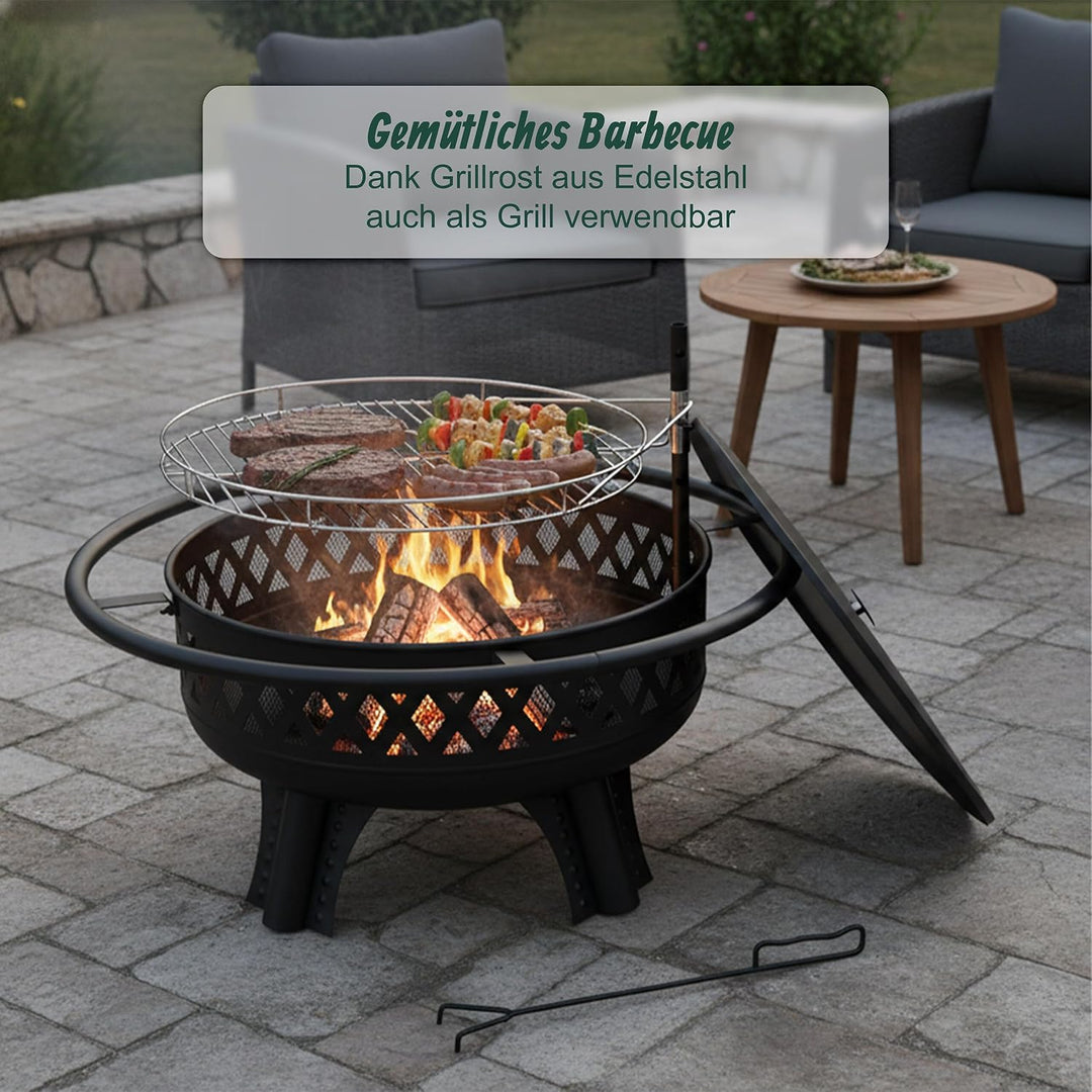 Relaxdays Feuerschale, Ø 80,5 cm, Verstellbarer Grillrost, Deckel &amp; Schürhaken, Feuerstelle Garten,