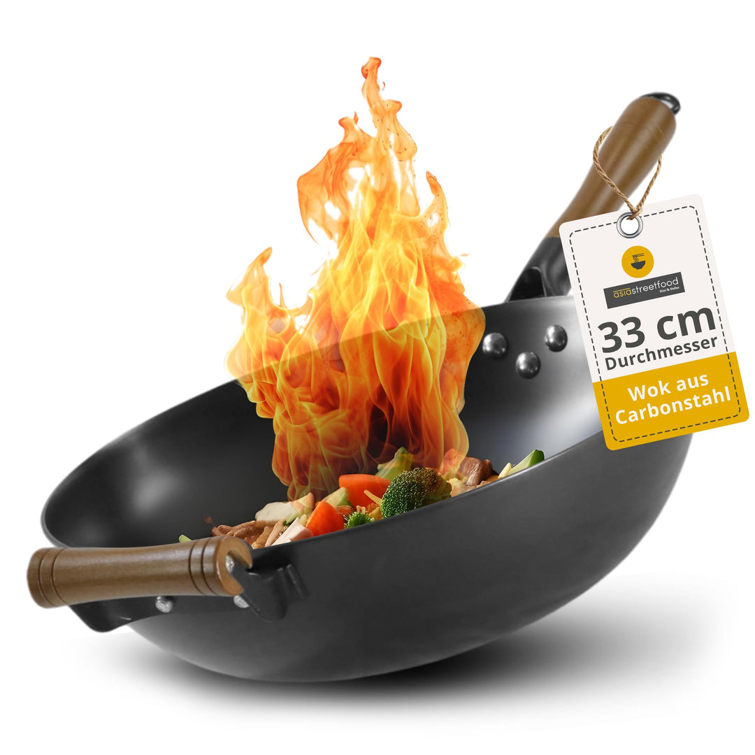 Der perfekte Wok, Ø 33cm – Robuster Carbonstahl-Wok mit flachem Boden - Holzgriff – Geeignet für Gas