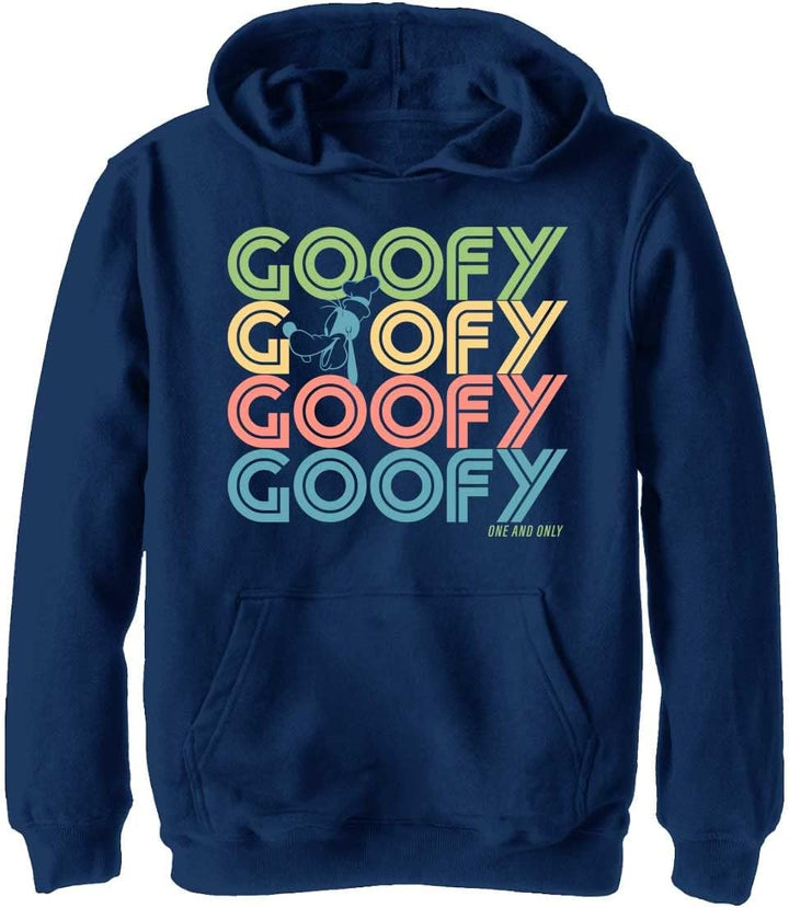 Disney Characters Retro Stack Goofy Boy's Hooded Pullover Fleece, Navy Blue Heather, Small