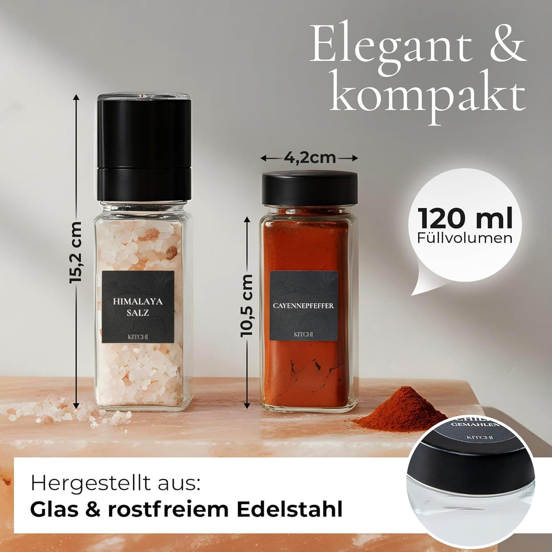 KITCHI Gewürzgläser 24er Set mit 2 Mühlen – schwarze Deckel Schwarz + 2 Mühlen, Schwarz + 2 Mühlen