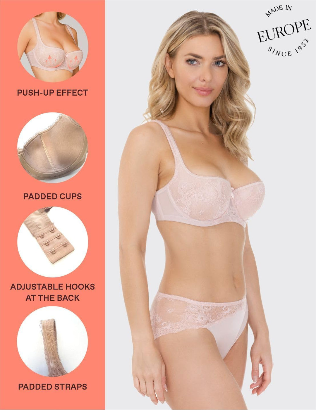 Rosme Lingerie Balconette-BH mit gepolsterten Trägern für Damen, Kollektion Eliza 70B Beige, 70B Bei