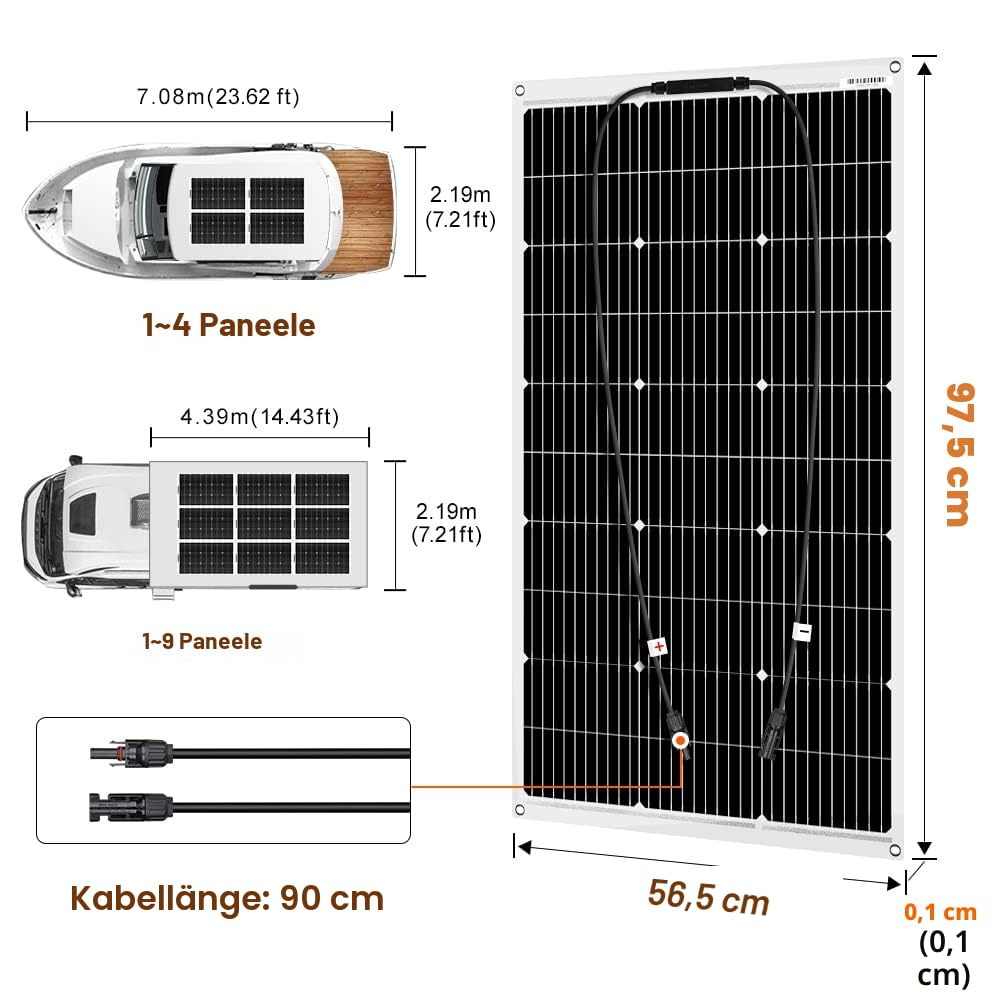 DOKIO 100W Solarpanel flexibel Mono 12V - Solarmodul ideal für Wohnmobil, Camping, Gartenhaus