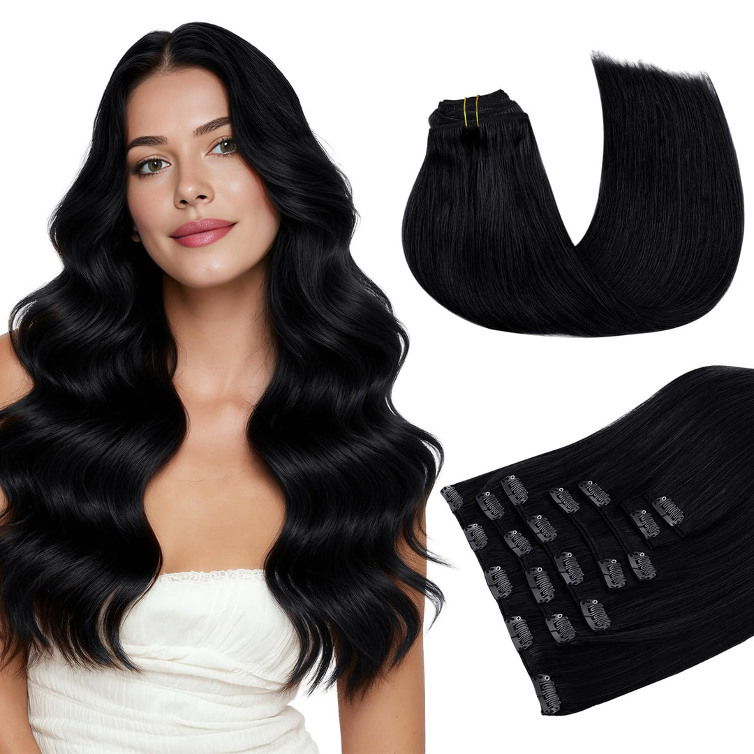 MAXITA Extensions Echthaar, 50cm 20 Zoll 120g 7 Stück Tief Schwarz Clip in Extensions Echthaar Remy