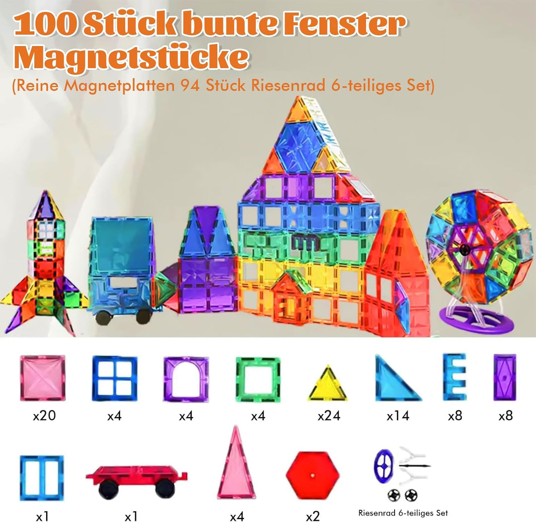 100 Magnetische Bausteine mit 1 Auto, STEM-Bauspielzeug, Kinderspiel Zusammenbauen, Lernspielzeug ge