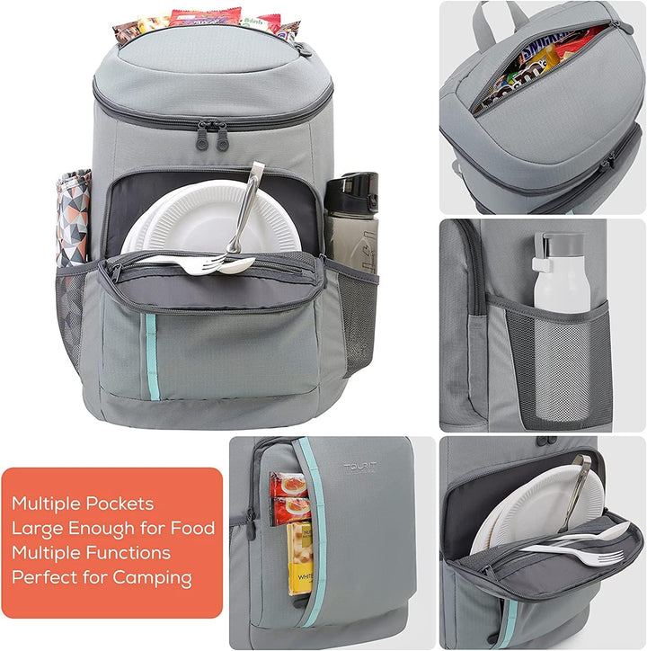TOURIT 28L Kühler Rucksack Leichter Rucksack mit Flaschenöffner Hält 30 Dosen Grau, Grau