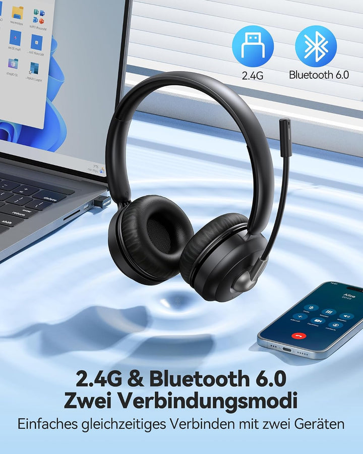TECKNET V6.0 Bluetooth Headset mit Mikrofon, kabellos Headset mit ENC-Störunterdrückung&amp;EIN-Tasten-S