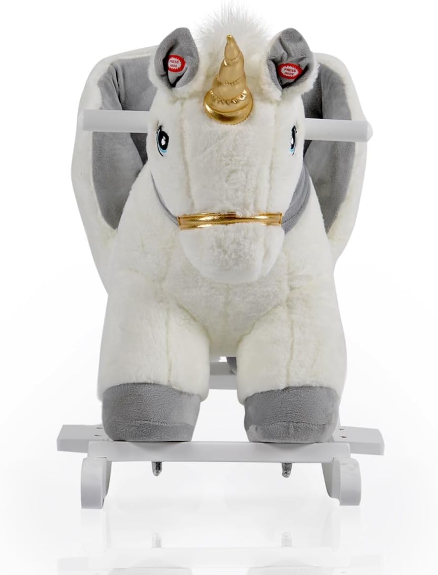 Moni Plüsch Einhorn Schaukeltier Moon WJ-6188, Handgriffe aus Holz Musikfunktion weiss, Weiß
