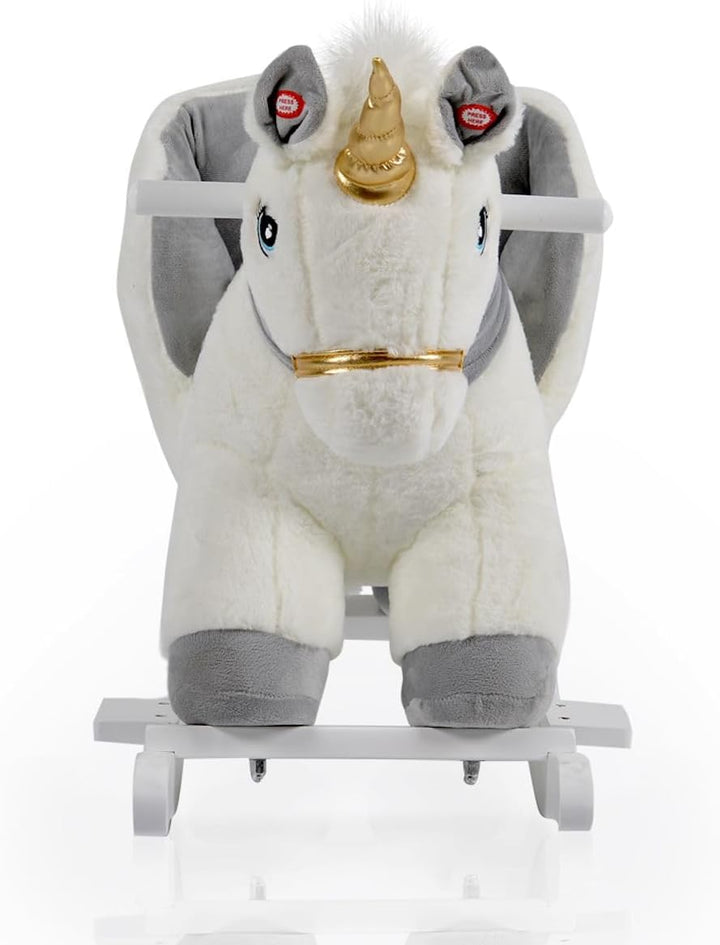 Moni Plüsch Einhorn Schaukeltier Moon WJ-6188, Handgriffe aus Holz Musikfunktion weiss, Weiß