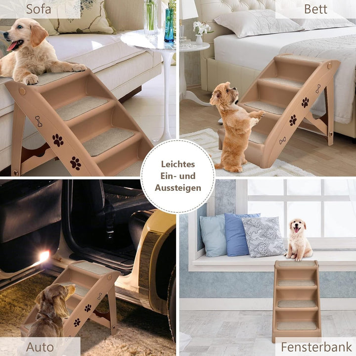 COSTWAY 4-stufige Haustiertreppe mit Teppichboden, Hundetreppe Kunststoff Katzentreppe faltbar, Hund