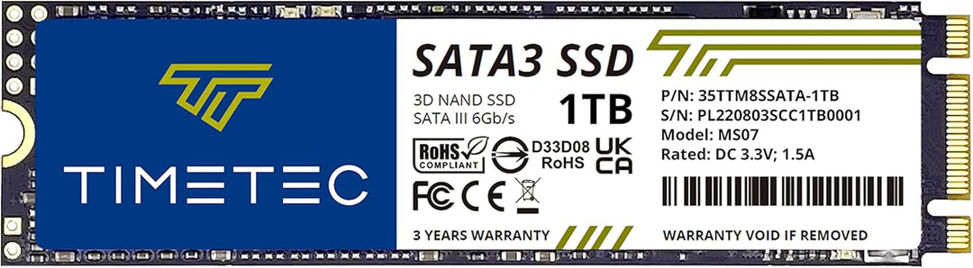Timetec 1TB SSD 3D NAND TLC SATA III 6 Gb/s M.2 2280 NGFF 512 TBW Lesegeschwindigkeit Bis zu 530 MB/