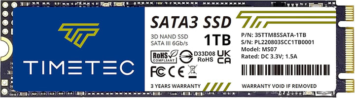 Timetec 1TB SSD 3D NAND TLC SATA III 6 Gb/s M.2 2280 NGFF 512 TBW Lesegeschwindigkeit Bis zu 530 MB/