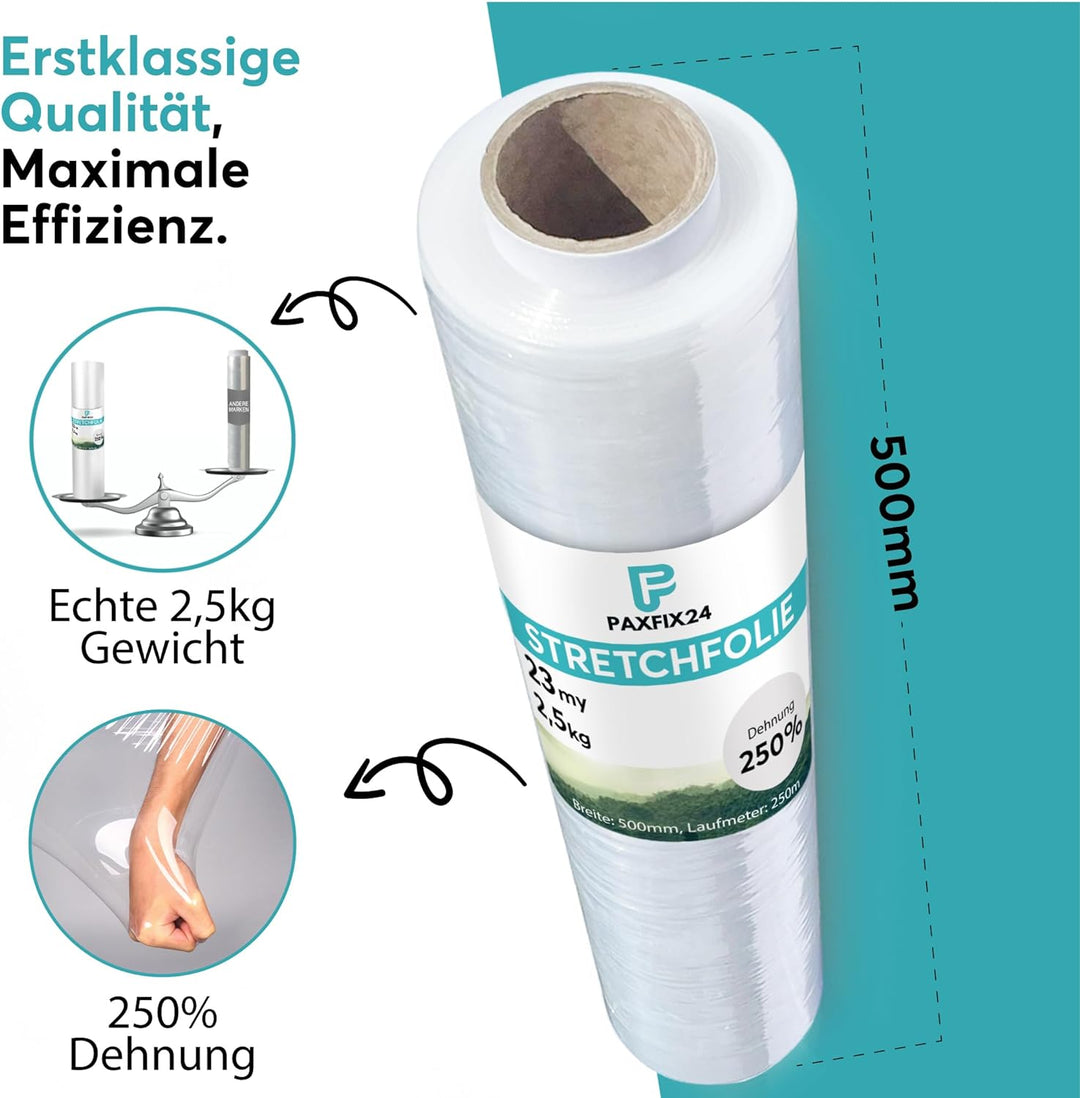 6 Rollen Stretchfolie Transparent 23my 2,5kg 500mm Handstretchfolie Stretchfolienrolle Palettenfolie
