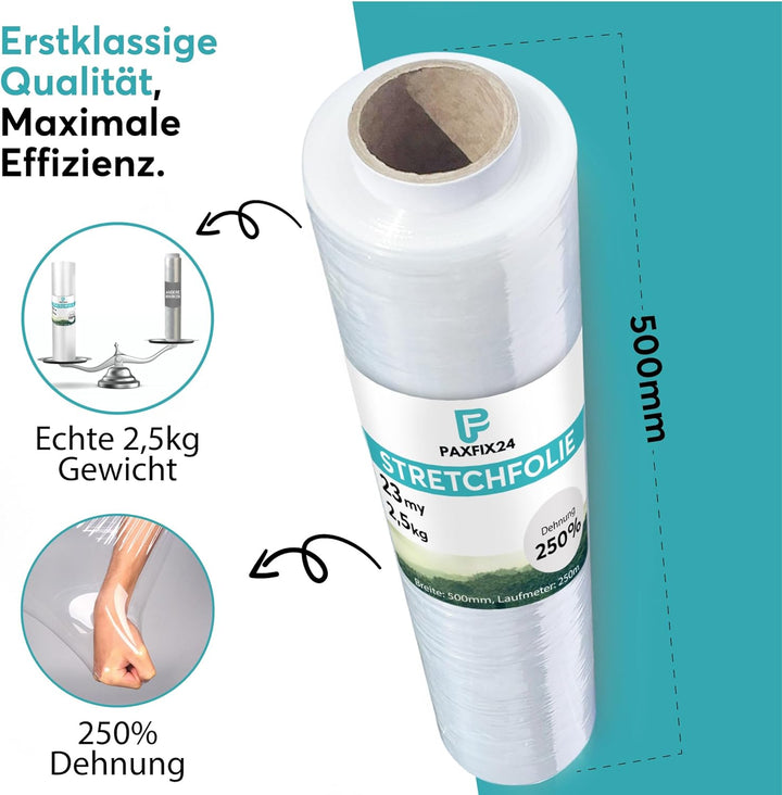 6 Rollen Stretchfolie Transparent 23my 2,5kg 500mm Handstretchfolie Stretchfolienrolle Palettenfolie