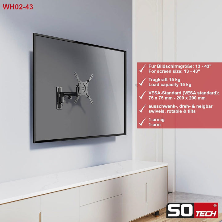 SOTECH TV Wandhalterung WH-02-43 1-armig mit Kabelmanagement | Ausschwenkbare, drehbare, neigbare TV
