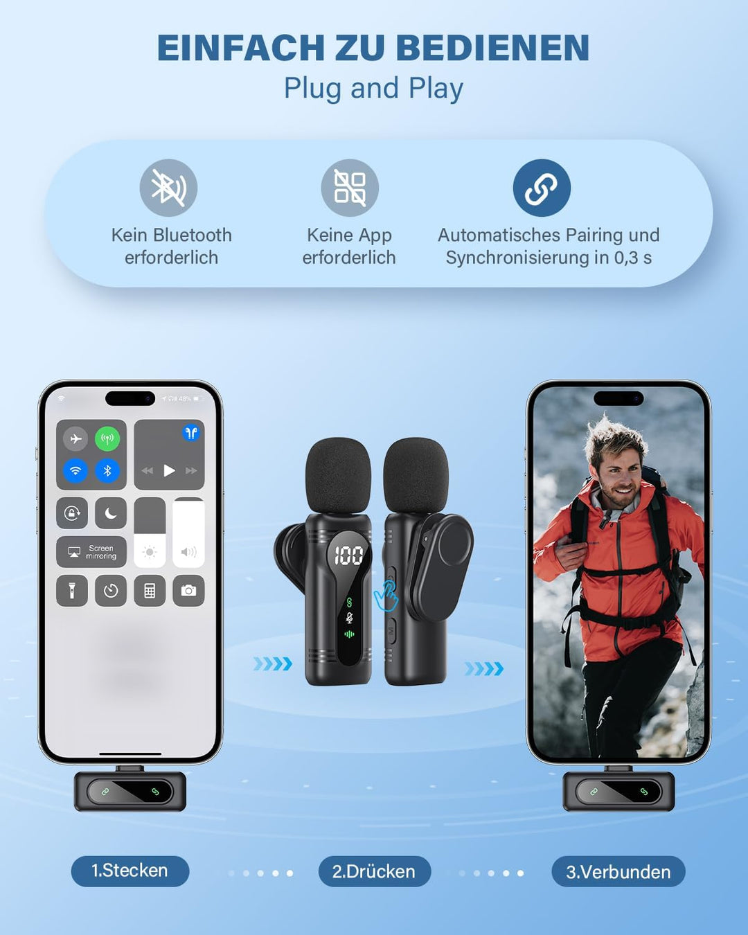 Newmight Kabelloses Lavalier-Mikrofon Dual Set - Plug & Play Clip-on Mic mit Auto Pairing, Magnetisc
