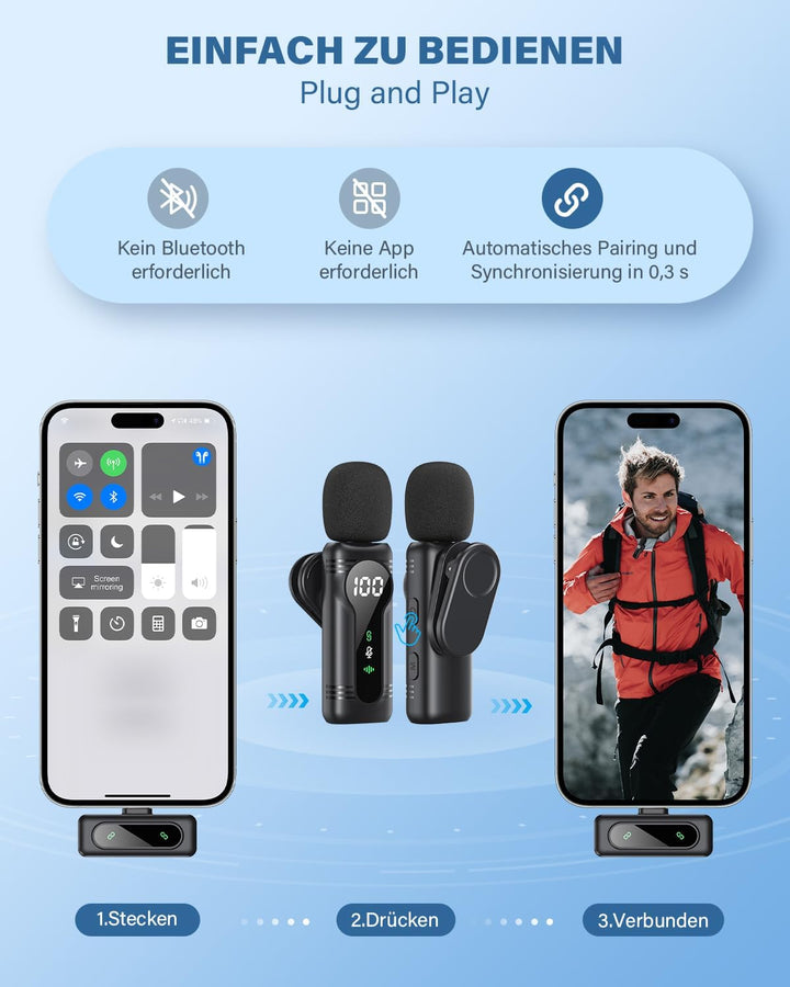 Newmight Kabelloses Lavalier-Mikrofon Dual Set - Plug & Play Clip-on Mic mit Auto Pairing, Magnetisc