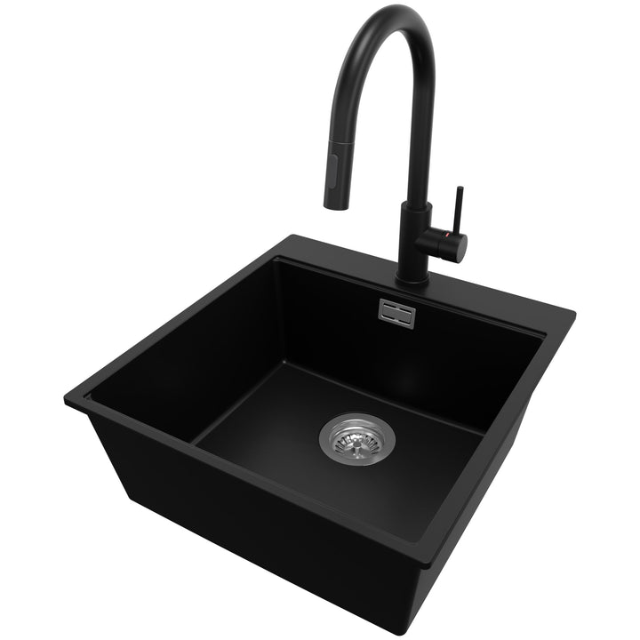 PRIMAGRAN Granitspüle Schwarz 48x50cm, Spülbecken 1 Becken + Ablauf-Set + Küchenarmatur 40x22cm, Küc