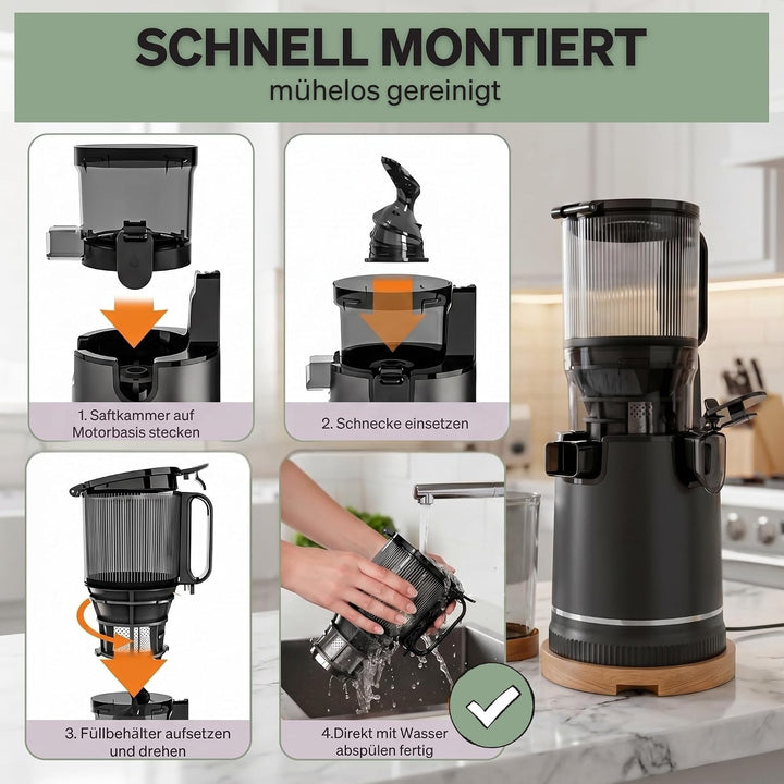 Entsafter, 250W Slow Juicer Kaltentsafter mit Holz-Untersetzern & 130 mm XXL Einfüllschacht für ganz