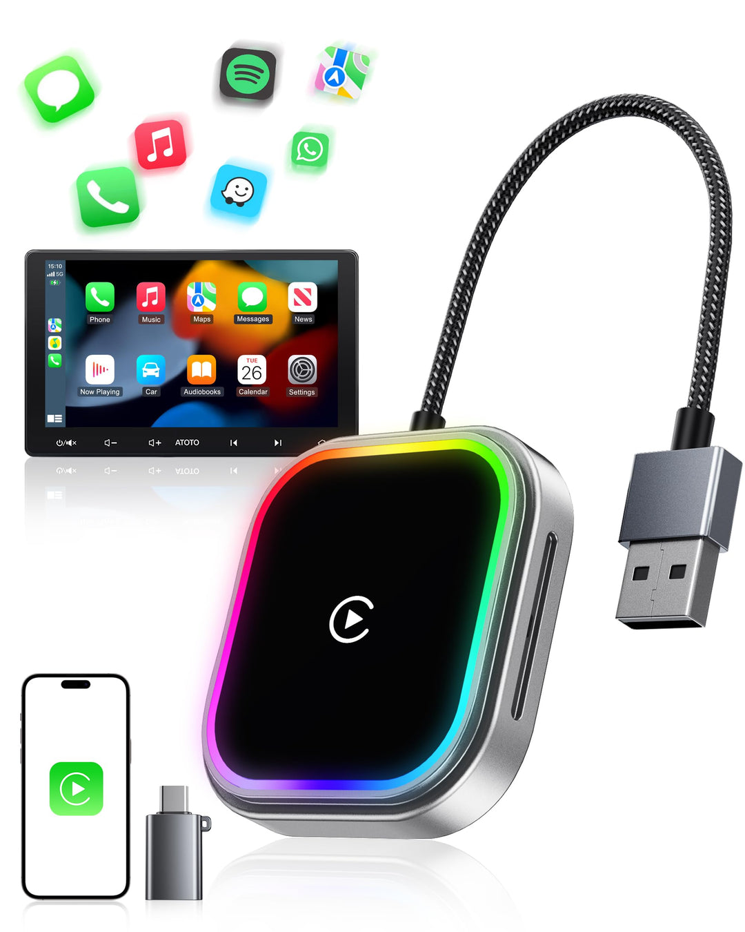 CarPlay und Android Auto Wireless Adapter 2 In 1, V5.3 Bluetooth Stabile Verbindung, Dualband WiFi 6